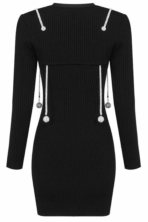 Jessica Bara Wynter Long Sleeve Tassel Ball Chain Dress