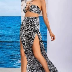 Summer Lovin' Jessica Bara Zenaida Zebra Crop Top And Split Pant Two Piece Set