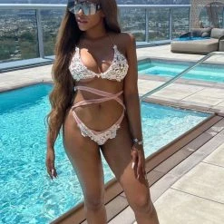 Jessica Bara Linda Lace Rhinestone Bikini Set Influencer Style