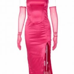 Jessica Bara Raelyn Silk Bodycon Midi Dress And Gloves Two Piece Set Influencer Style