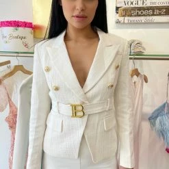 The 9-5 Shop Jessica Bara Bryson Gold Button Belted Blazer
