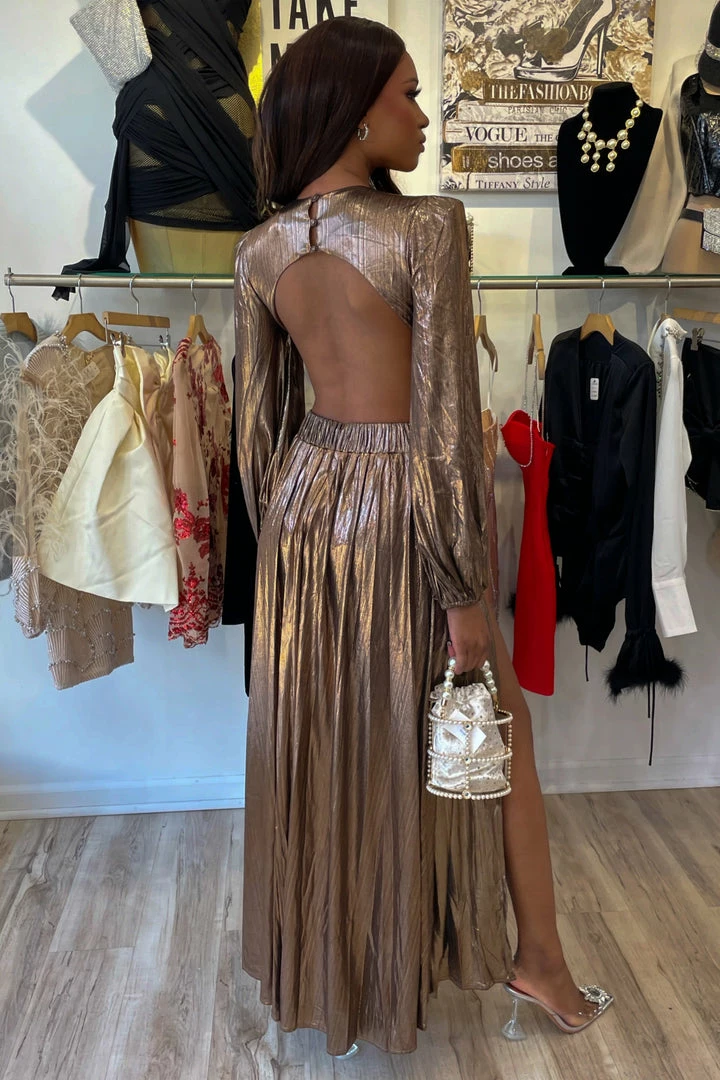 Jessica Bara Cruz Long Sleeve Cut Out Double Leg Slit Gown