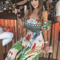 Shahida Parides White And Green Cactus Print Off The Shoulder Maxi Dress Influencer Style