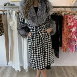 Jessica Bara Reign Houndstooth Fur Belted Coat Influencer Style