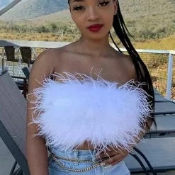 Jessica Bara Casper Strapless Feather Crop Top