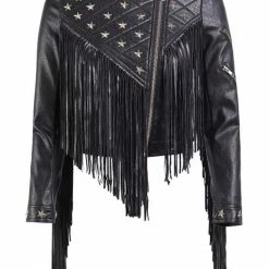 Jessica Bara Giovanna Star Fringe PU Leather Jacket