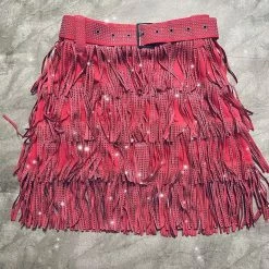 Jessica Bara Mady Belted Rhinestone Fringe Mini Skirt Birthday Suit