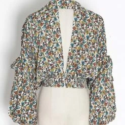 Jessica Bara Nori Long Sleeve V Neck Collared Crop Top