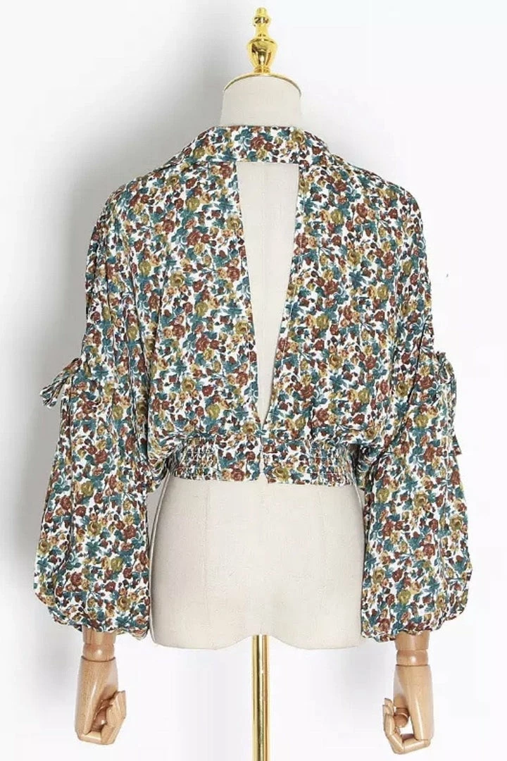 Jessica Bara Nori Long Sleeve V Neck Collared Crop Top