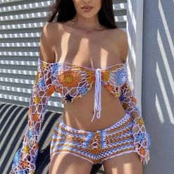 Jessica Bara Oceana Long Sleeve Crochet Two Piece Set