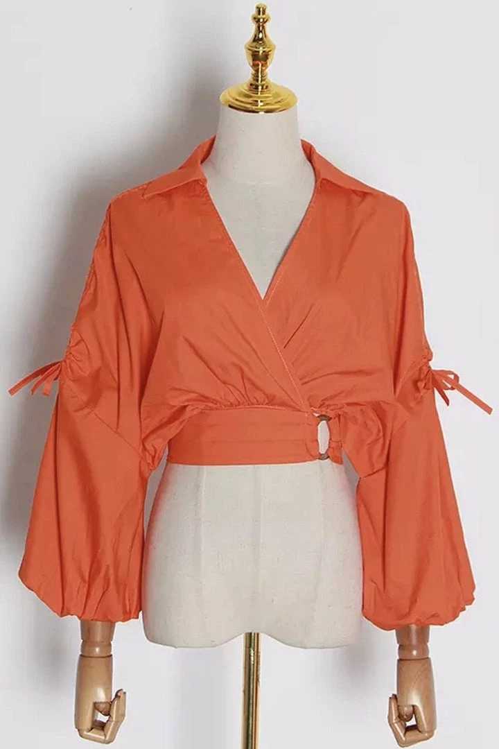 Jessica Bara Nori Long Sleeve V Neck Collared Crop Top