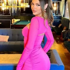 Influencer Style Jessica Bara Tyra Long Sleeve Ruched Mesh Mini Dress