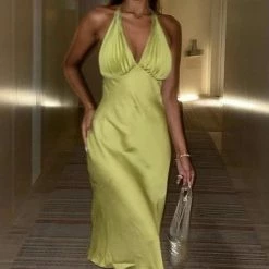 Jessica Bara Brie Pleated Satin Maxi Dress