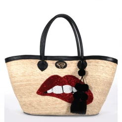 Jessica Bara Cruise Handmade Sequin Lips Bucket Palm Bag