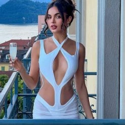 Jessica Bara Nova Cut Out Mesh Midi Dress Influencer Style