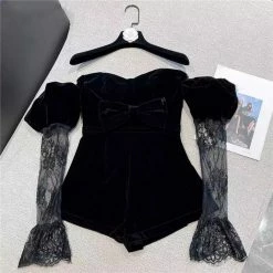 Jessica Bara Kienna Lace Long Sleeve Velvet Romper Birthday Suit