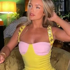 Jessica Bara Kornelia Bodycon Colorblock Gold Button Mini Dress