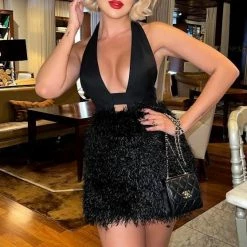 Influencer Style Jessica Bara Tobi Halter Neck Backless Feather Dress