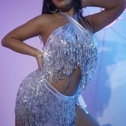 Jessica Bara Maxima Sequin Fringe Halter Top And Skirt Two Piece Set Birthday Suit