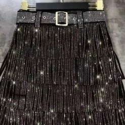Jessica Bara Mady Belted Rhinestone Fringe Mini Skirt Birthday Suit