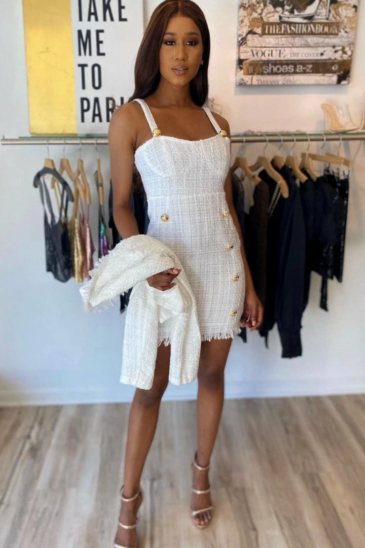 Influencer Style Jessica Bara Finn Tweed Dress And Jacket Two Piece Set