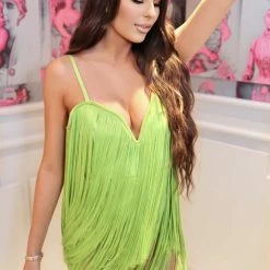 Jessica Bara Frida Fringe Lime Mini Dress