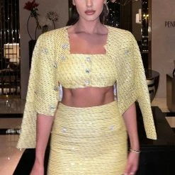 Influencer Style Jessica Bara Oliver Tweed Crystal Button Three Piece Set