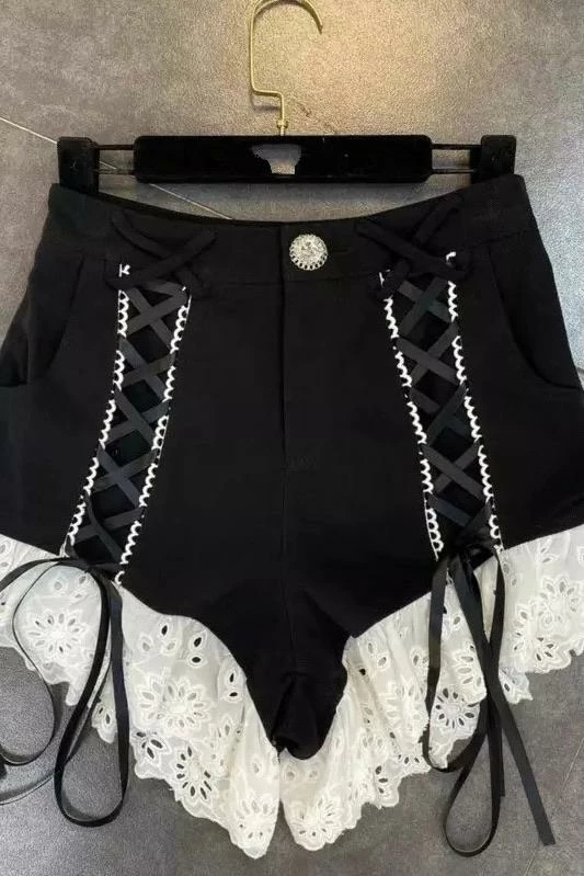 Jessica Bara Lacy Lace Up Frilly Denim Shorts