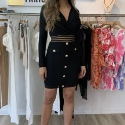 Jessica Bara Kallie Long Sleeve Mesh Cut Out Button Dress