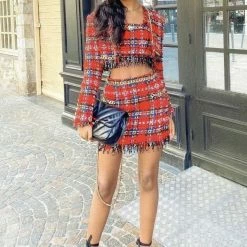 Jessica Bara Tinsley Plaid Gold Chain Mini Skirt