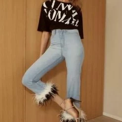 Birthday Suit Jessica Bara Aurelia High Waisted Feather Cuffed Denim Jeans