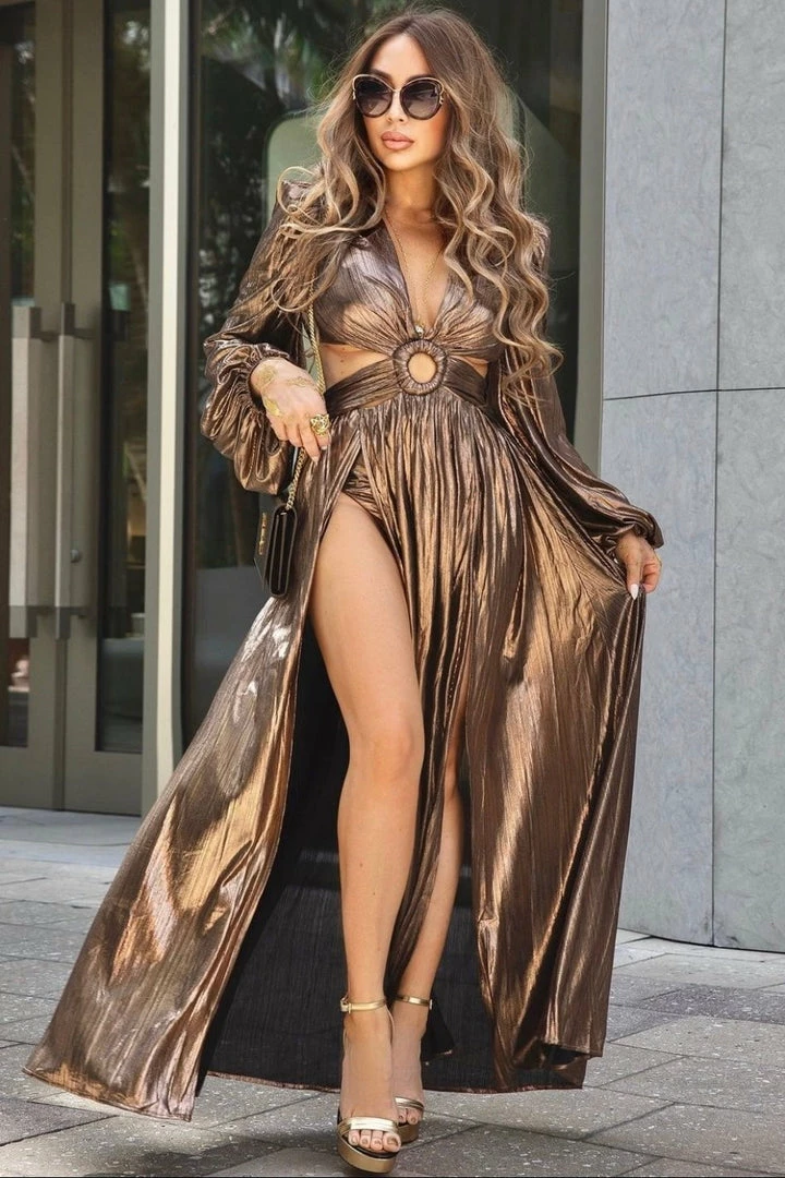 Jessica Bara Cruz Long Sleeve Cut Out Double Leg Slit Gown