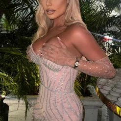 Jessica Bara Alpha Strapless Crystal Mesh Mini Dress