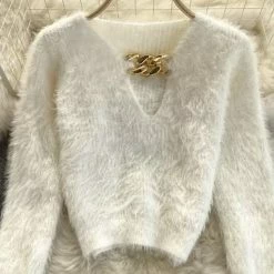 Jessica Bara Kellen Long Sleeve Fuzzy Chain Top Tops