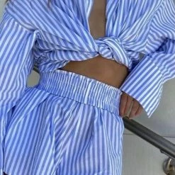 Summer Lovin' Jessica Bara Garcia Stripped Button Down And Short Two Piece Set