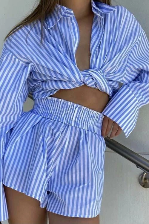 Summer Lovin' Jessica Bara Garcia Stripped Button Down And Short Two Piece Set