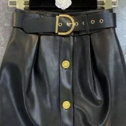 Jessica Bara Diara Gold Button PU Leather Mini Skirt