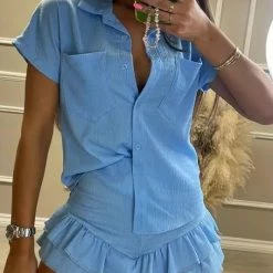 Jessica Bara Sonny Button Down Top And Ruffle Shorts Two Piece Set Reve Doll Essentials