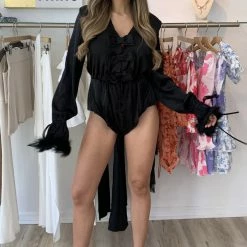 Jessica Bara Priscilla Bowknot Feather Sleeve Mini Romper Long Sleeves