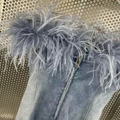 Jessica Bara Asherah Off The Shoulder Feather Denim Mini Dress Birthday Suit