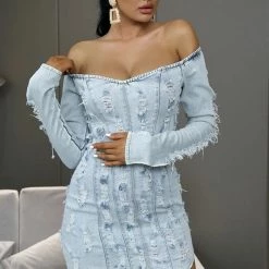 Jessica Bara Kimora Off The Shoulder Distressed Denim Mini Dress