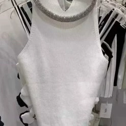 Jessica Bara Paula Rhinestone Neck Knit Tank Top Casual/Daytime