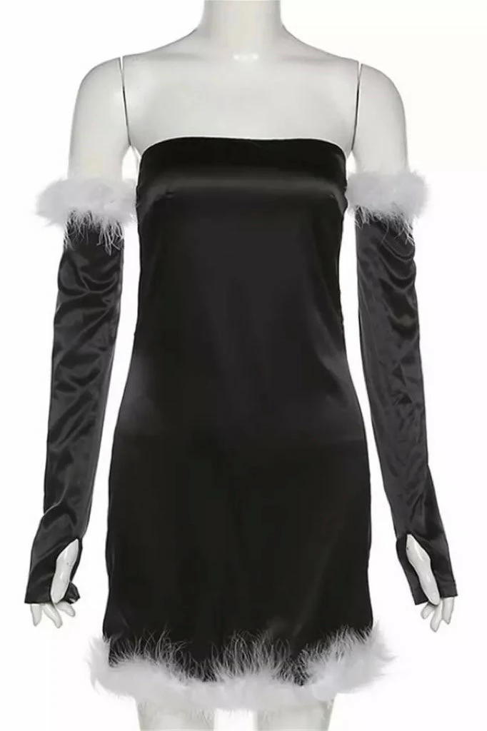 Birthday Suit Jessica Bara Kindra Feather Mini Dress And Gloves Two Piece Set