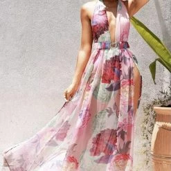 Influencer Style Jessica Bara Roseanna Halter Neck Split Leg Maxi Cover Up