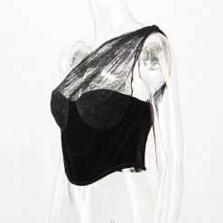Jessica Bara Vivienne One Shoulder Velvet Lace Corset Top Tops