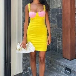 Jessica Bara Kornelia Bodycon Colorblock Gold Button Mini Dress