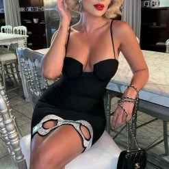 Jessica Bara Sylvana Bandage Rhinestone Chain Link Mini Dress Influencer Style