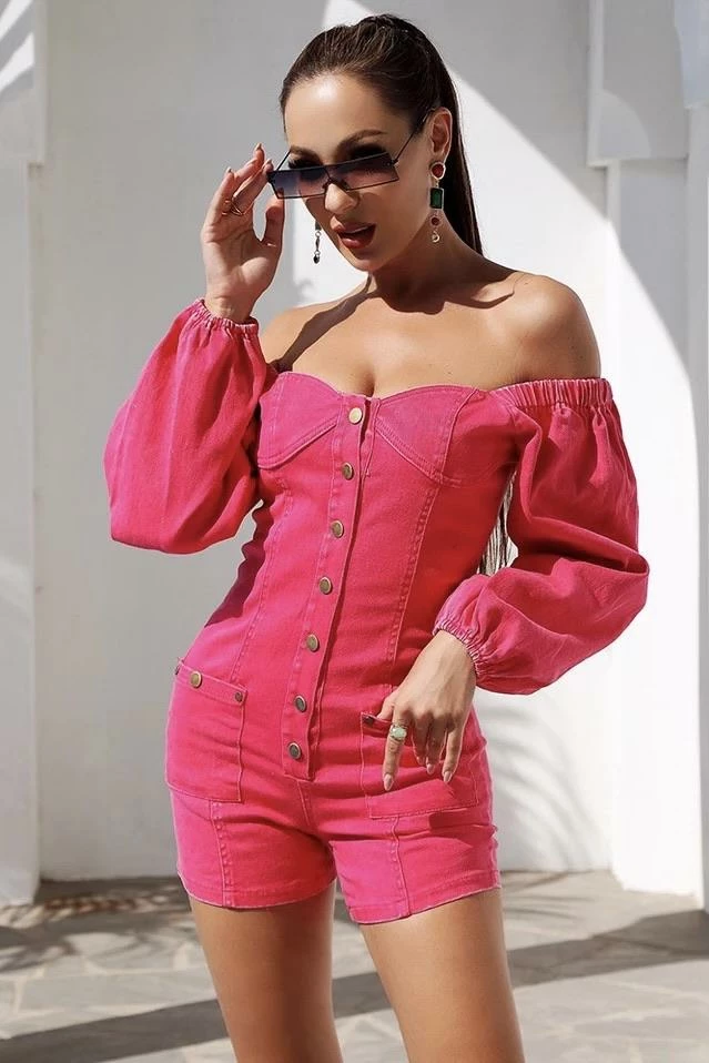 The Denim Destination Jessica Bara Barbie Off The Shoulder Denim Romper