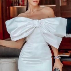 Jessica Bara Trudy Off The Shoulder Oversized Bow Dress