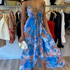 Kareena French Riviera Halter Neck Embellished Maxi Dress